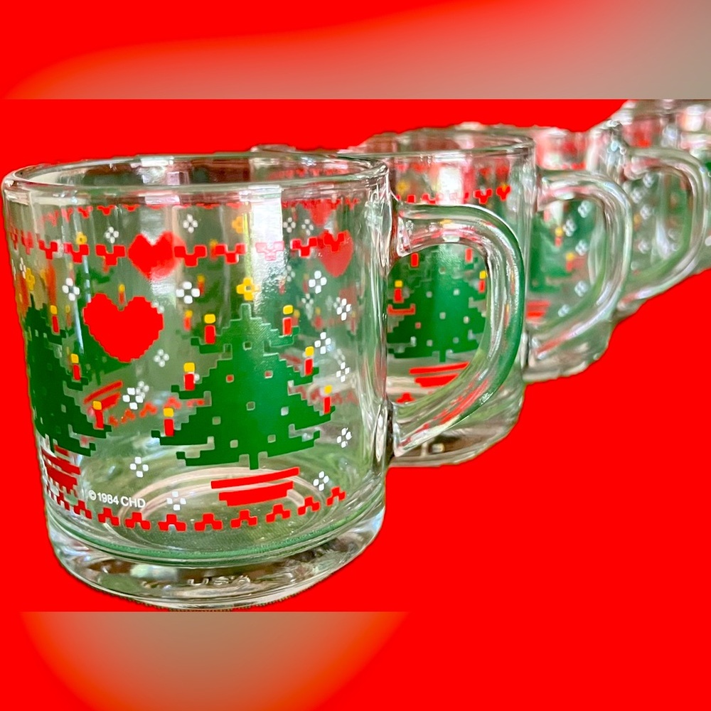 Set of 6 Vintage Anchor Hocking Mug Christmas Tree 1984 Pixel Heart Cros…